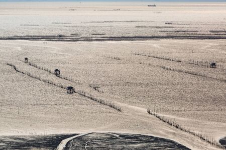 Traditional fisherman wooden house and sea mussel farming along the sea coast, Thailandの写真素材
