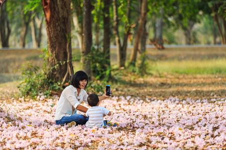 NAKHON PATHOM, THAILAND - 24 FEBRUARY 2016 - Unidentified woman shows taken pictures on her mobile phone to her kid while sitting on fallen flowers at Kamphaeng Saen, Nakhon Pathom province, Thailand.のeditorial素材