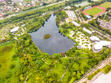 NAKHON PATHOM, THAILAND - 24 SEPTEMBER 2017 - Aerial view from drone of medicinal plant garden called Sireeruckhachati Nature Learning Park in Mahidol university, Thailand.のeditorial素材