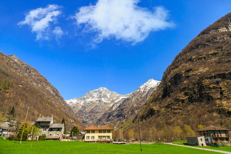SONOGNO, SWITZERLAND - 21 APRIL 2018 - Sonogno village among high mountains located in Valle Verzasca in Locarno, Switzerland. It is one of the worth travel destination.のeditorial素材