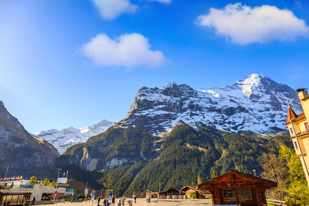 Grindelwald, Switzerland - 24 April 2018 - Grindelwald bus station located close to Grindelwald main railway station where people can connect to Firstbahn and other place.のeditorial素材