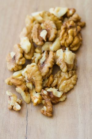Selective focus image of walnuts which are often in cereal products like muesli.