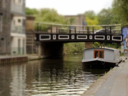 House boat in Camdon, London, which looks like a miniature landscape (Tilt Shift)の写真素材