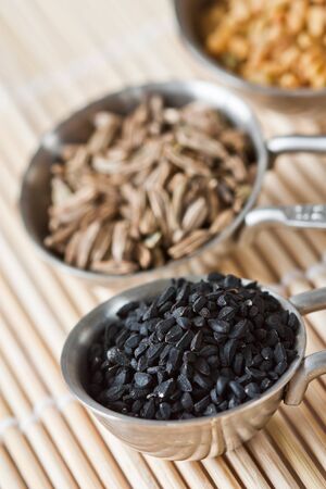 Close up image of measuring spoons with black cumin seeds.の写真素材
