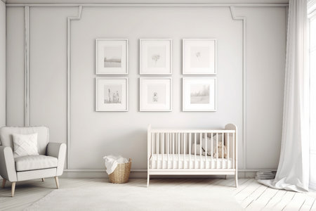 White baby room interior with armchair and picture frames. 3d renderの素材
