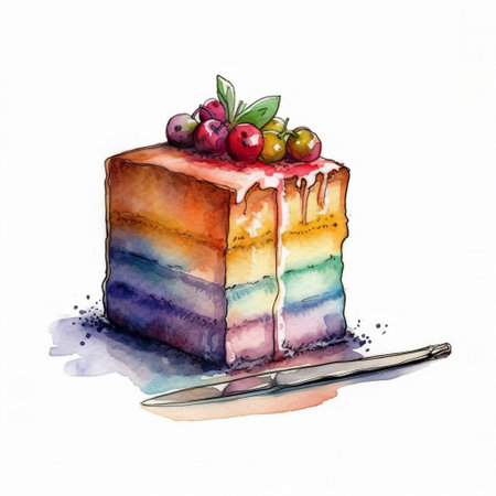Watercolor illustration of a rainbow cake with berries on a white backgroundの素材