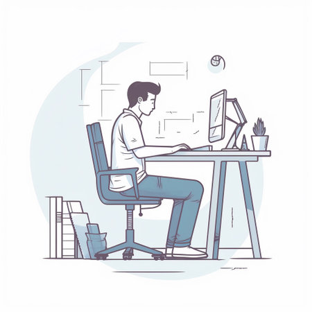 Young man working on computer at office. Vector illustration in line art style.のイラスト素材