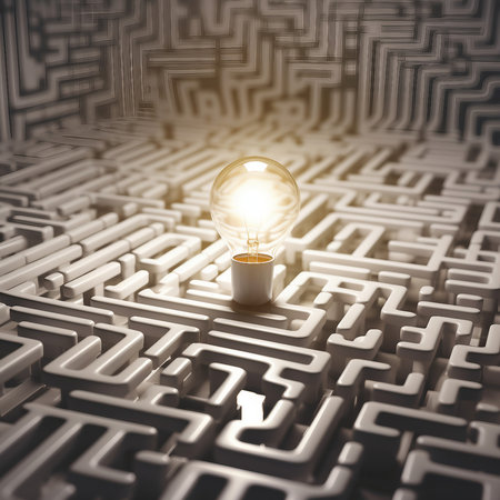 Lightbulb in the middle of a maze. 3D renderingの素材
