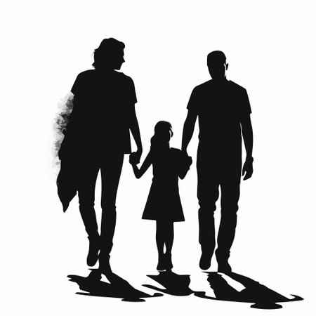Silhouette of family walking on the street. Vector illustration.のイラスト素材