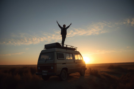 Happy man standing on the roof of a camper van and raising his hands in the airの素材