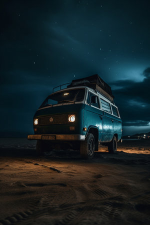Vintage camper van on the beach at night with starry skyの素材