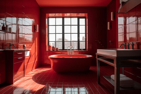 Red bathroom interior with bathtub and panoramic window. 3D Renderingの素材