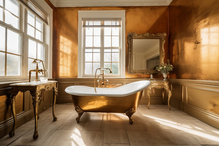 Luxury interior of a classic bathroom with a golden bathtubの素材