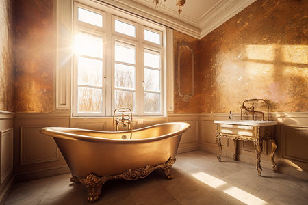 Bathroom interior with golden bathtub. 3d render.の素材
