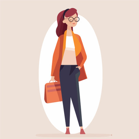 Young beautiful woman in casual clothes and glasses with a briefcase. Vector illustration.のイラスト素材