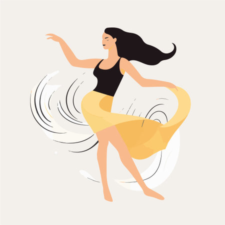 Beautiful young woman dancing in the wind, flat vector illustration.のイラスト素材