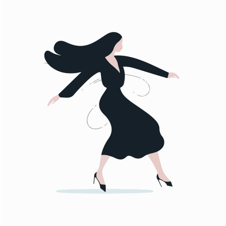 Vector illustration of a dancing woman in a black dress on a white background.のイラスト素材