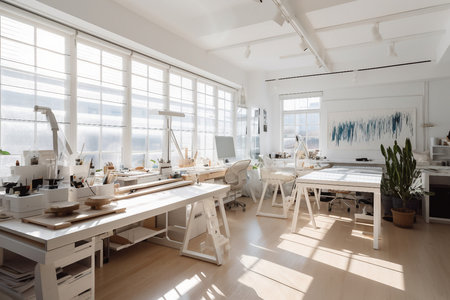 interior of modern bright and clean empty fashion studio with white wallsの素材