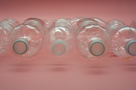 Empty plastic water bottles recycle material reduce waste light pink backgroundの写真素材