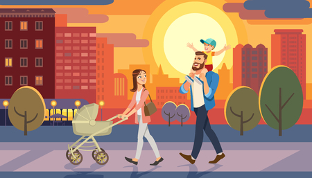 Family walking with baby car at city sunset while father holding son on his shoulders.のイラスト素材
