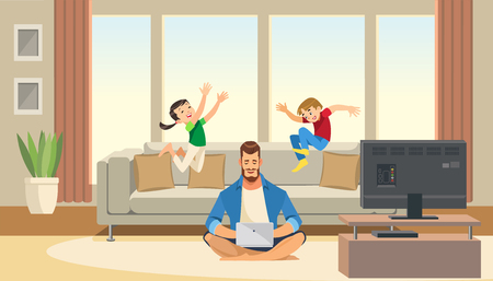Kids play and jump on sofa behind working business father.のイラスト素材