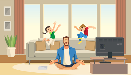 Kids play and jump on sofa behind calm and in meditation father.のイラスト素材