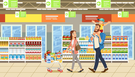 Family shopping in supermarket with product cart.のイラスト素材