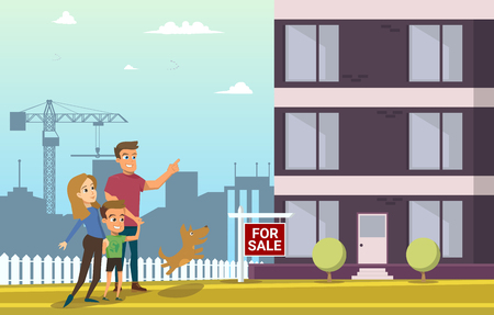 Family Buy Real Estate House. Happy Cartoon Characters Walking on Construction of Modern Living House.のイラスト素材