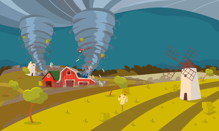 Storm Waterspout in Countryside, Natural Disaster Concept Flat Vector Illustrationのイラスト素材