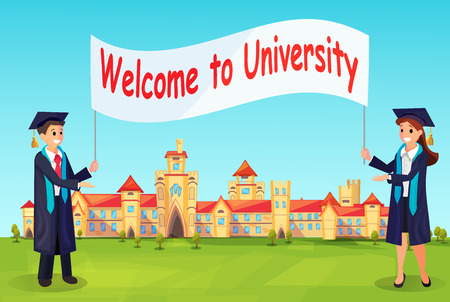 Welcome to University. Vector Charaters in Gowns Invite New Students for Education in High School.のイラスト素材