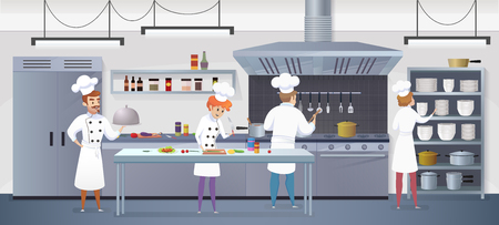 Commercial Kitchen with Cartoon Characters Chef Cook Dish Dinner. Vector Illustration of restaurant kitchen with Culinary Staff Holding Round Cloche Tray with Food.のイラスト素材