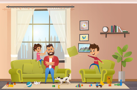 Annoyed and Angry Father with Clenched Teeth Sitting at Sofa while Naughty Children Playing and Making Mess in Home, Little Daughter Pulling Dads Ear, Son Throwing Pillow Cartoon Vector Illustrationのイラスト素材