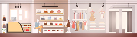 Womans Clothes Shop or Boutique with Dressed Female Mannequins, Trendy Casual Dresses on Hangers, Handbags and Day Clutches on Shelves Flat Vector Illustration. Clothing Store Showcase or Showroomのイラスト素材