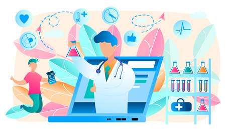 Online Doctor. Telemedicine and Online Laboratory. Medical Consultation by Internet with Doctor. Medicine and Healthcare Concept. Medical Online Service. Health Care. Vector Illustration.のイラスト素材