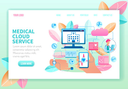 Medical Cloud Service. Online Doctor and Medical Service. Telemedicine and Online Diagnosis. Medical Consultation by Internet. Medicine and Healthcare Concept. Landing Page Banner. Vector Illustrationのイラスト素材