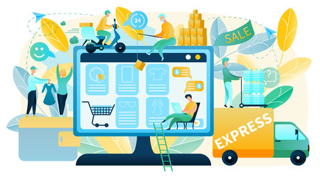 Online Shopping Vector Concept in Flat Design with People Making Purchases in Online Shop, Offering and Delivering Goods. Choosing and Ordering Goods in Internet with Express Shipment To Customerのイラスト素材