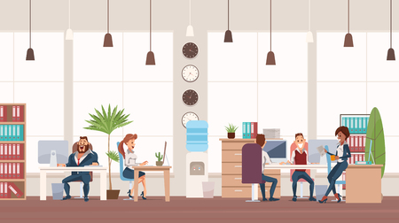 Office Fun. People Work in Office. Happy Workers in Workplace. Businessmen in Suits sitting at Table. Men and Women Work. Corporate Culture in Company. Cheerful Working Day. Vector Illustration.のイラスト素材