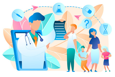 Online Doctor. Telemedicine. Medical Consultation by Internet with Doctor. Medicine and Healthcare Concept. Medical Service Online for whole Family. Health Care Online. Vector Illustration.のイラスト素材