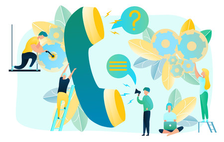 Calling in Customers Technical Support Flat Vector Concept. Troubleshooting in Clients Services, Diagnostic and Repair Problems, Counseling Users and Remote Fixing Troubles. Repair Service Hotlineのイラスト素材