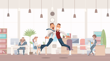Happy Office Workers Jumping up. Office Fun. People Work in Office. Happy Workers in Workplace. Corporate Culture in Company. Cheerful Working Day. Colleagues at Work. Vector Illustration.のイラスト素材
