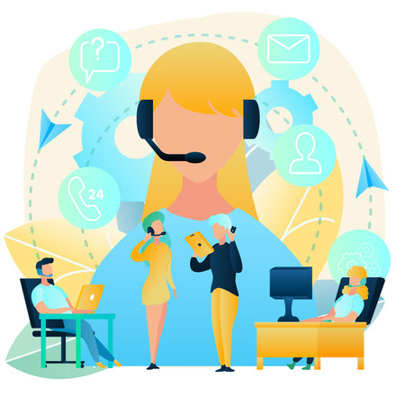 24 Hours Customers Support Flat Vector Concept with Call Center Male and Female Operators Wearing Phone Headset, Talking with Clients, Giving Information Assistance, Consultation or Technical Adviceのイラスト素材