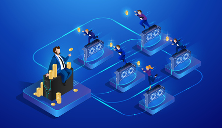 Cryptocurrency Mining and Globalization. Finance and Digital Technology. Hidden Crowd Management in Trading. Cryptocurrency Business Concept and Blockchain. Vector Isometric Illustration.のイラスト素材