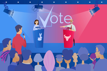 Open Debates Before Vote Cartoon Vector Concept with Leaders of Opposing Political Parties Conducting Intense Discussion on Public Debates, Responding on Journalists Question During Election Campaignのイラスト素材