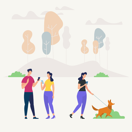 Social Networking and Communication Concept. People using Gadgets walking Outdoors in Park. Networking People set. Digital Technologies and Messaging. Flat style Vector Illustration.のイラスト素材