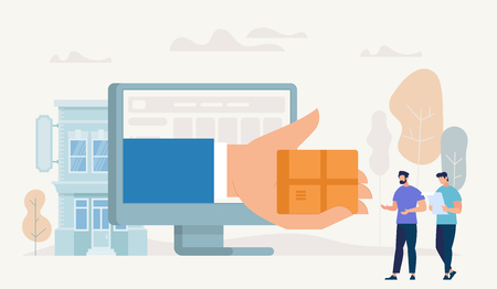 Online Shopping and Delivery Concept. Online Shop App. Ecommerce Sales, Online Shopping, Digital Technology in Marketing. Internet Shopping - Order, Pay, Deliver. Vector Flat Cartoon Illustration.のイラスト素材