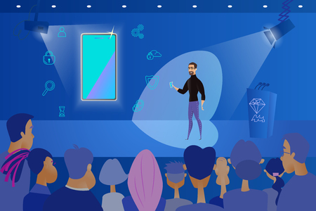 Public Presentation of New Mobile Phone Cartoon Vector Concept with Company CEO, Standing on Stage in Front of Audience with Cellphone in Hand, Explaining Advantages and Functionality of New Productのイラスト素材
