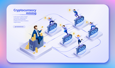 Cryptocurrency Mining and Globalization. Finance and Digital Technology. Hidden Crowd Management. Cryptocurrency Business Concept and Blockchain. Landing Page Banner. Vector Isometric Illustration.のイラスト素材