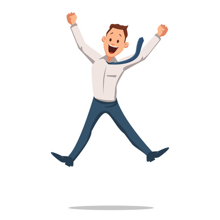 Office Fun. Office Workers Jumping Up. Corporate Culture in Company. Cheerful Working Day. Happy Man at Work in Office. Employee enjoys Success. Man in suit is Smiling. Vector Illustration.のイラスト素材