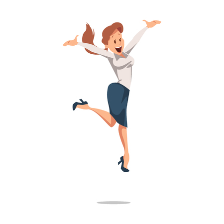 Office Fun. Woman Office Workers Jumping Up. Corporate Culture in Company. Cheerful Working Day. Happy Woman at Work in Office. Employee enjoys Success. Woman in suit is Smiling. Vector Illustration.のイラスト素材