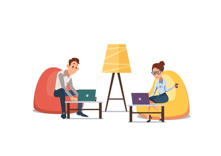 People Work in Office. Happy Worker in Workplace. Office Fun. Corporate Culture in Company. Cheerful Working Day. Smiling People at Work. Happy Office Workers. Vector Flat Illustration.のイラスト素材
